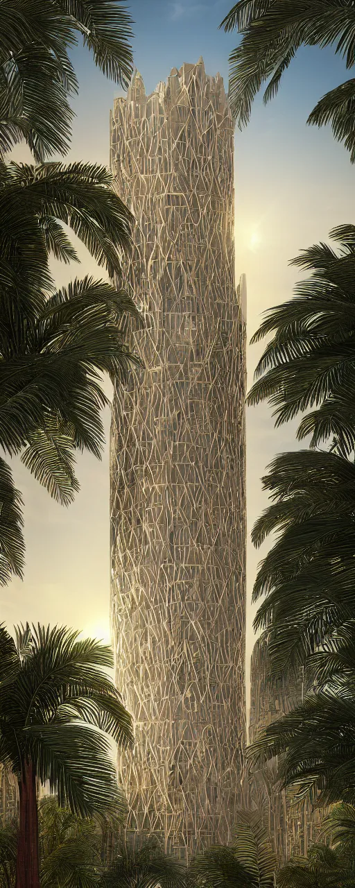 Prompt: photorealistic photo a contemporary babylon tower, golden details, stone facade, sacred geometry architecture, cascading highrise, arid mountains with lush palm forest, sunlight, post - production, octane, cgi, sfx