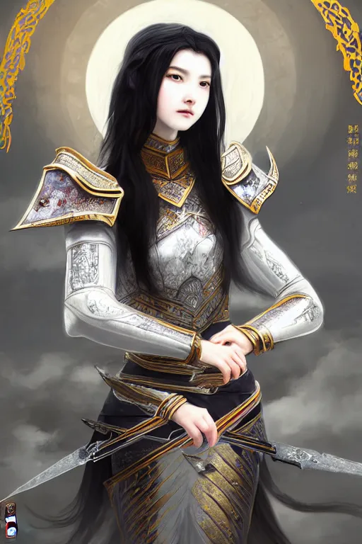 Image similar to portrait black hair young knights of Dynasty Warriors girl, matt white color armor, in ruin chinese temple rooftop moon magic night, ssci-fi and fantasy, intricate and very beautiful and elegant, highly detailed, digital painting, soft light, artstation, concept art, smooth and sharp focus, illustration, art by tian zi and WLOP and alphonse mucha