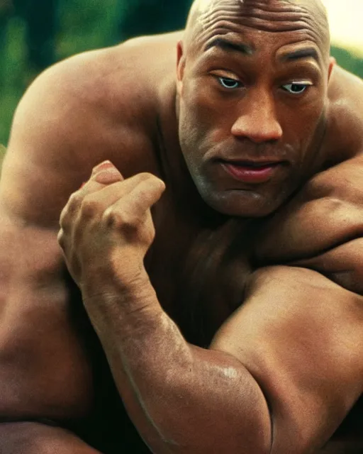 Image similar to film still close - up shot of dwayne johnson as john coffey from the movie the green mile. he is petting a mouse. photographic, photography