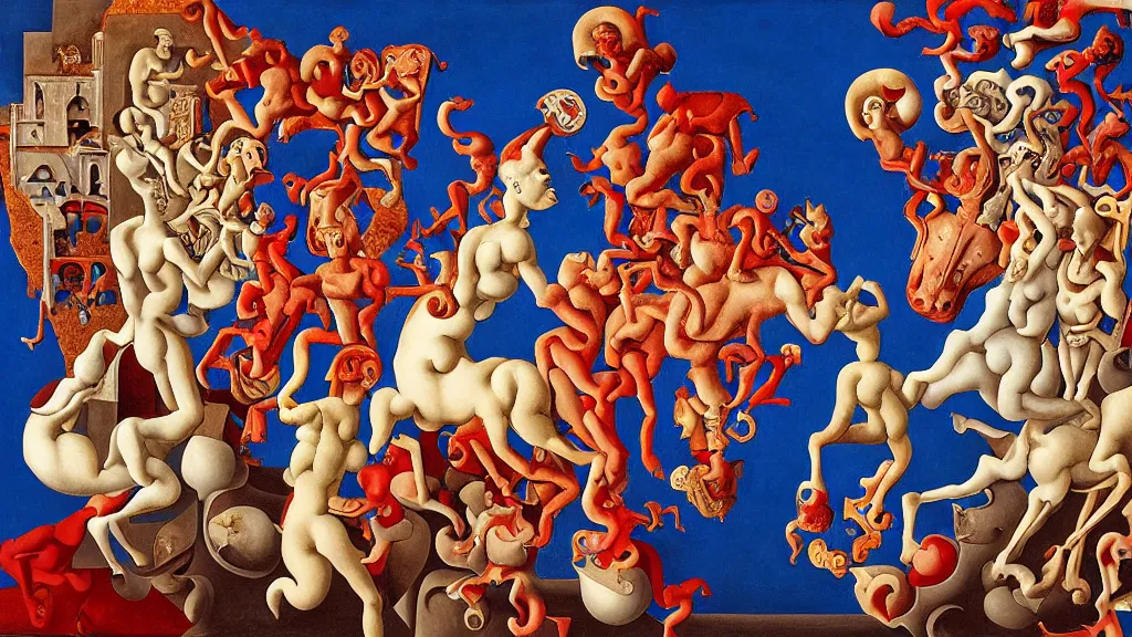 Image similar to the three fates, red bodied devils and blue horses, Greek antiquity | pain, pleasure, suffering, adventure, love, life, afterlife, souls in joy and agony | abstract oil painting, gouche on paper by MC Escher and Salvador Dali and raqib shaw |