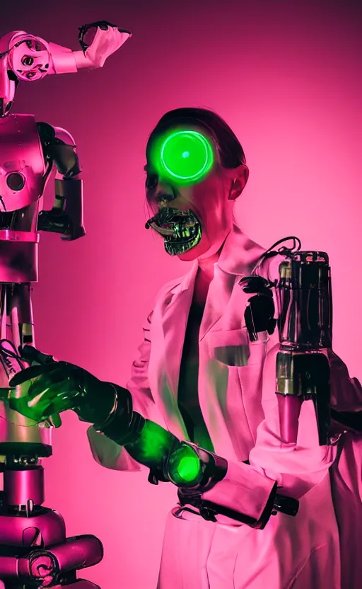 Prompt: A female mad scientist in a darkly lit laboratory constructing a robot suited man, 1950s horror film movie poster style, saturated pink and green lighting