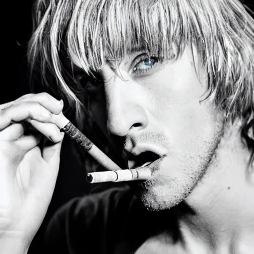 Prompt: a skinny white male singer with medium-length messy blue hair smoking a cigarette