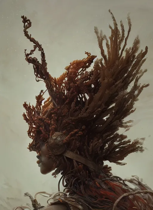 Image similar to Helmet of a forgotten Deity, ivory, copper cables, corals, plume of seaweed, extremly detailed digital painting, in the style of Fenghua Zhong and Ruan Jia and jeremy lipking and Peter Mohrbacher, mystical colors, rim light, beautiful lighting, 8k, stunning scene, raytracing, octane, trending on artstation