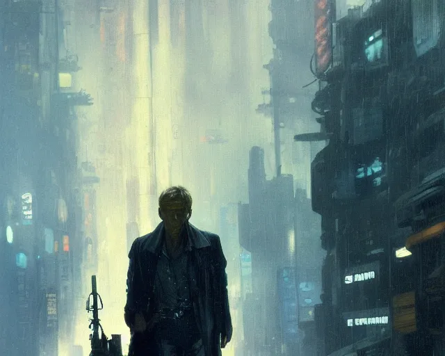 Prompt: 2 0 1 8 blade runner movie very very young clint eastwood in his youth western look at the cityscape from roof perfect face fine realistic face pretty face reflective polymer suit tight neon puffy jacket blue futuristic sci - fi elegant by denis villeneuve tom anders zorn hans dragan bibin thoma greg rutkowski ismail inceoglu illustrated sand storm alphonse mucha