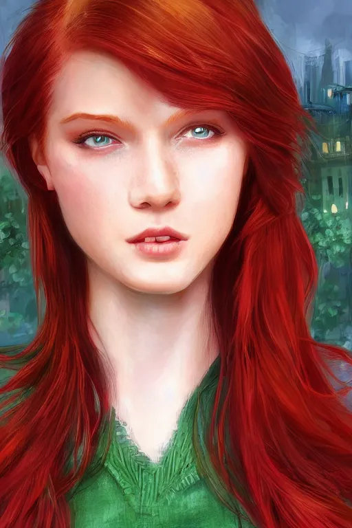 Prompt: beautiful cute red haired joyful and playful nineteen year old maiden standing up in casual green clothing, long hair, attractive face, modern city, rpg character, sci - fi, fantasy, intricate, elegant, digital painting, artstation, concept art, smooth, 8 k frostbite 3 engine, ultra detailed, art by artgerm magali villeneuve