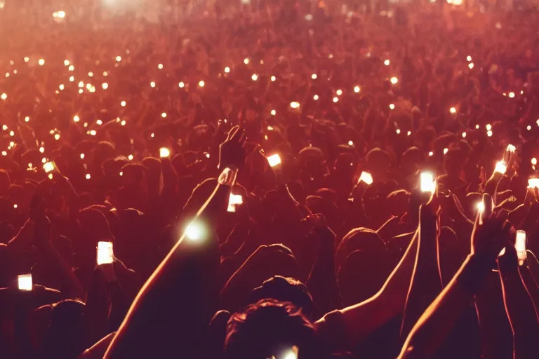 Prompt: crowd partying with their hands up at a festival, some lighters in the air, some cellphones in the air filming, silhouette, digital art, trending on artstation, 4k, unreal engine, intricate, ornate