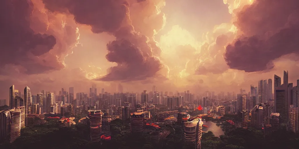 Image similar to Singapore city with a lion-shaped cloud in the sky, by greg rutkowski, red and white lighting, digital art, ultra realistic, ultra detailed, photorealistic, 4k, character concept