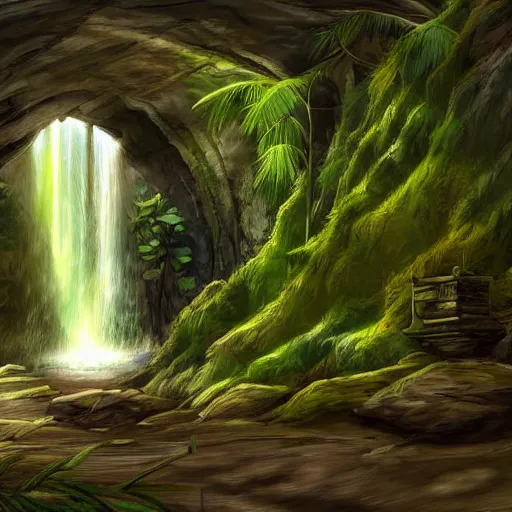 Image similar to ancient temple,plants and waterfalls in the interior of a cave,digital art