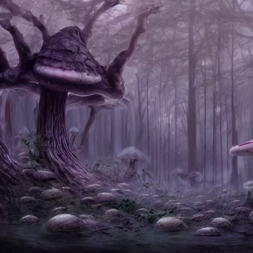 Prompt: leucistic Axolotls in an eerie mushroom forest, matte painting