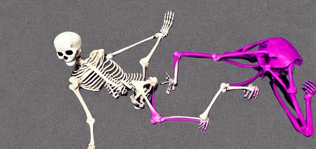 Image similar to the skeleton lies on the ground in front of the computer, magenta and blue