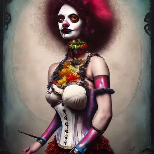 Image similar to photorealistic soft paint of a curiosities carnival, single young beautiful clown dollpunk in a full steampunk corset snakes haircut, symmetry accurate features, ominous depths, elegance, focus, rainbow lighting, very high details, award winning masterpiece, behance, by tom bagshaw