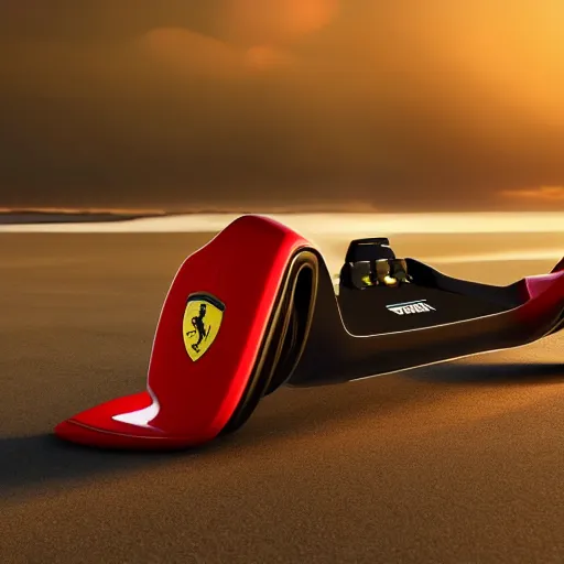 Image similar to concpet art featuring a futuristic ferrari themed hoverboard. beach, sunset. fine detail. this 4 k hd image is trending on artstation, featured on behance, well - rendered, extra crisp, features intricate detail, epic composition and the style of unreal engine.