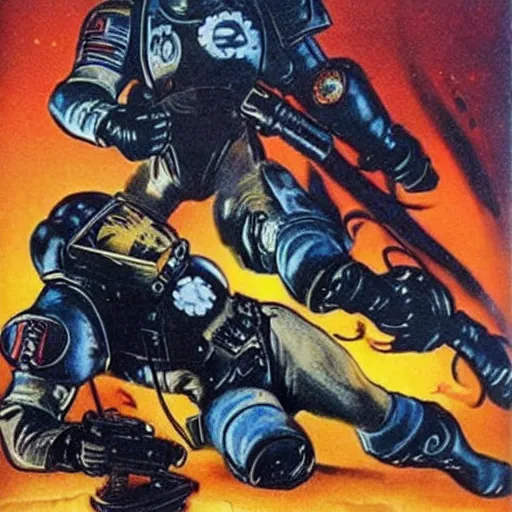 Prompt: pin-up art of a space marine rying a nuclear bomb