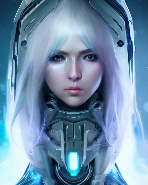 Image similar to perfect android girl on a mothership, warframe armor, beautiful face, scifi, futuristic, galaxy, nebula, raytracing, dreamy, long white hair, blue cyborg eyes, sharp focus, cinematic lighting, highly detailed, artstation, divine, by gauthier leblanc, kazuya takahashi, huifeng huang