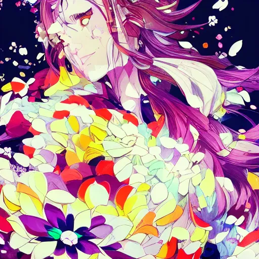 Prompt: background art of spaciously scattered multi colored flower petals flowing through the air from left to right on a clean background, anime, artgerm, manga, trending on artstation, yoji shinkawa, art nouveau