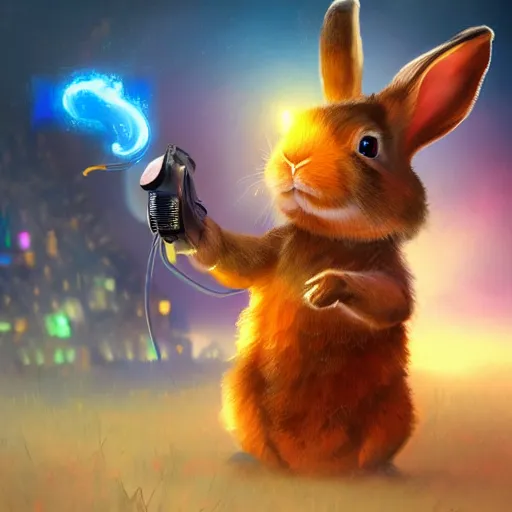 Prompt: A rabbit playing video games, uplifting , wearing a headset, fantasy, digital painting, trending on ArtStation, HDR shot