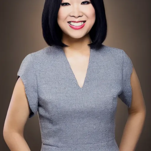 Prompt: a fullbody shot of a beautiful, asian - american female news anchor, with a bob cut, ultra hd, high definition, high quality, crisp, sharp, smooth, 8 k resolution