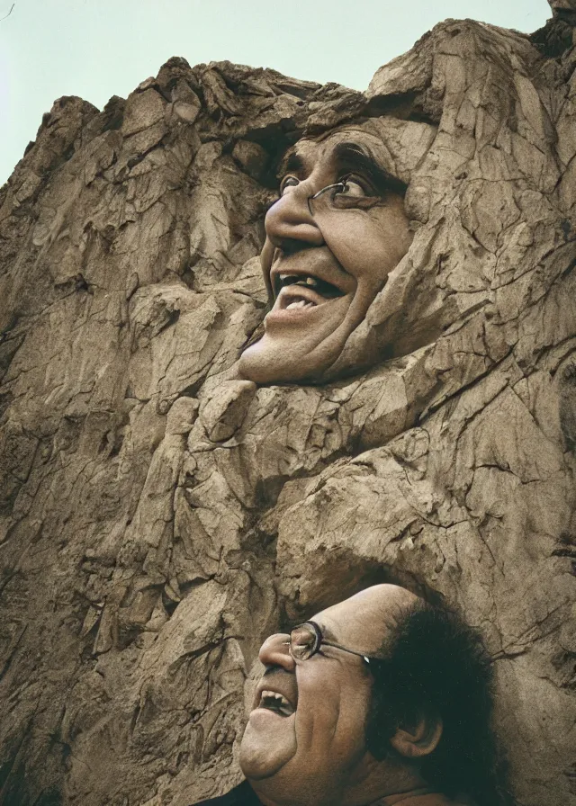 Image similar to danny devito's face carved into the side of an enormous mountain, photo, 2 4 mm f / 8, cinestill 8 0 0 t