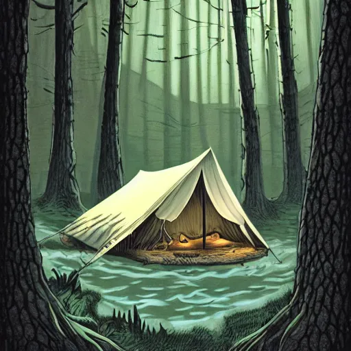 Prompt: a tent by the river in the deep, remote woods by tim doyle and chris leib, from nightmare before christmas | detailed | elegant | trending on artstation