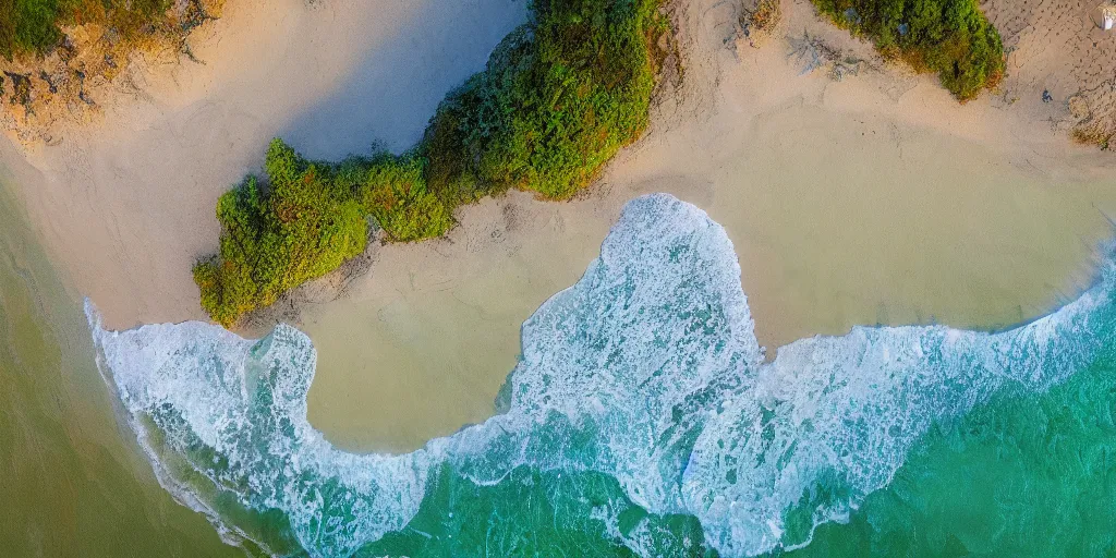 Image similar to a beach between two valley, sun set, digital art, highly detailed, drone wide shot