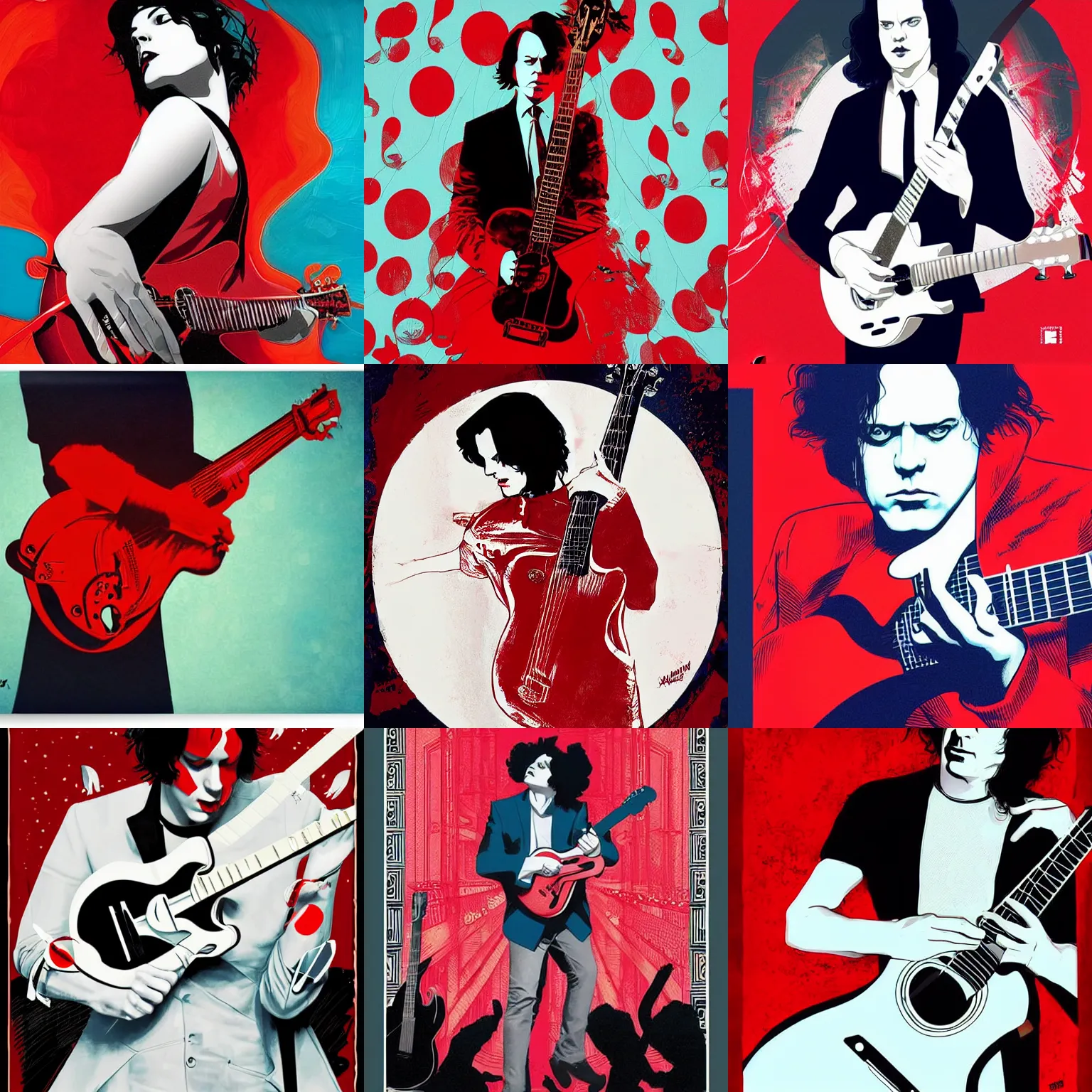 Prompt: jack white, music flowing from the guitar, red color pop photo, Joshua Middleton comic cover art, high detail