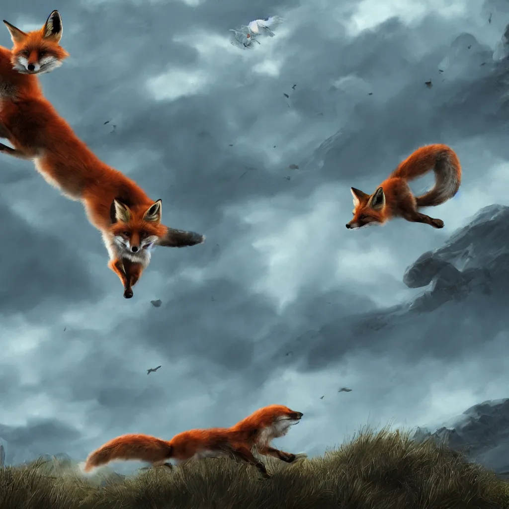 Prompt: fox flying through landscape, concept art, cinematic lighting
