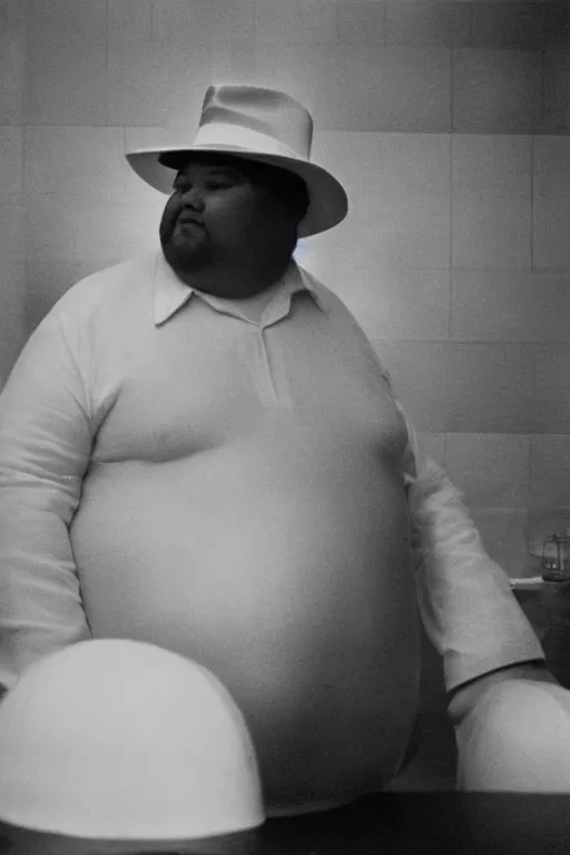 Image similar to close-up film photography 1970s, portrait of fat man in white hat, New York City, soft light, 35mm, film photo, Joel Meyerowitz