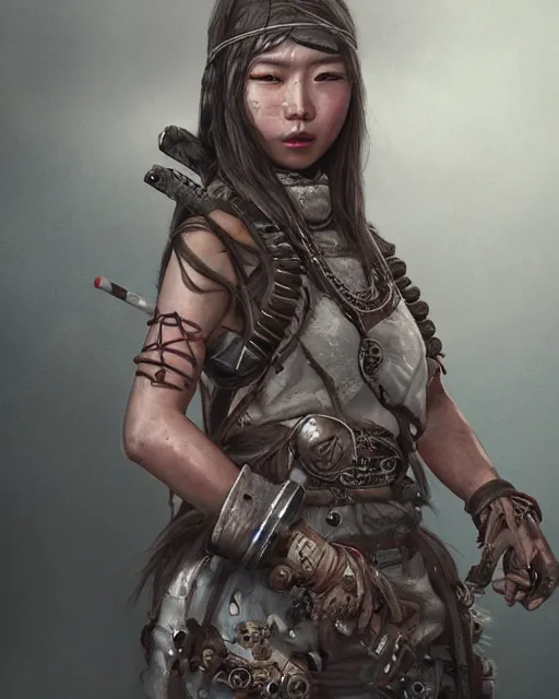 Image similar to hyper realistic portrait of postapocalyptic asian death cult monk girl sword and shield, beads, gears, machineparts, cinematic, artstation, cgsociety, pascal blanche