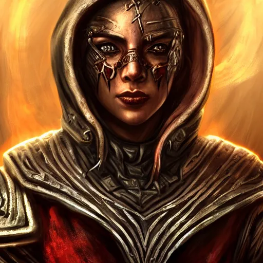 Prompt: unknown the elder scrolls vi hammerfall, charismatic rugged female redguard character portrait partially clothed in hooded metal - plated exquisitely detailed hooded battle armour, desert, tropical jungle setting, atmospheric lighting, painted, intricate, volumetric lighting, beautiful, rich deep colours masterpiece, sharp focus, ultra detailed