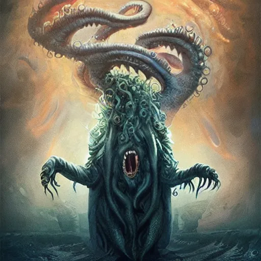 Image similar to donald trump turning into a horrible horrific cthulu lovecraftian monster in the style of greg rutkowski