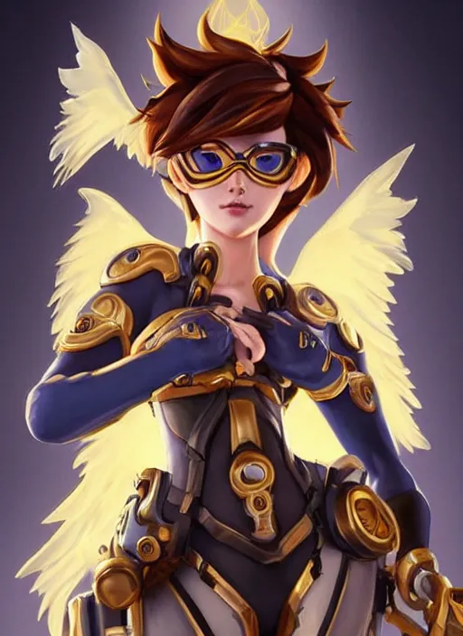 Prompt: full body oil painting of tracer overwatch in the style of artgerm, angel wings, angelic golden armor, dramatic painting, symmetrical composition, ornate, high detail, gold detailed collar!!!!!, blooming, lights, flowers, detailed face,