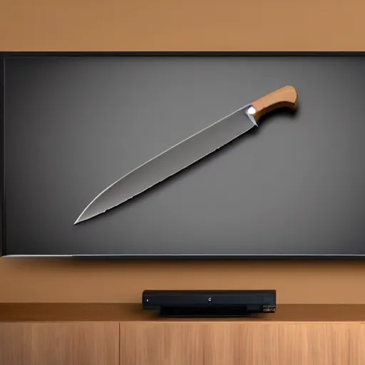 Prompt: very long knife inserted into a flat screen tv, photorealistic