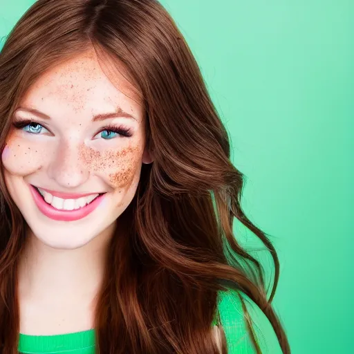 Prompt: A cute and beautiful young woman, long shiny bronze brown hair, green eyes, cute freckles, smug smile, studio lighting, studio background medium shot, mid-shot