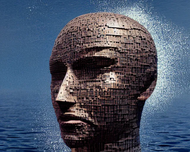 Image similar to a giant abstract sculpture of a human head on the ocean water, in the style of chad knight, award winning, cinematic, hyper - realistic, very detailed, realistic water splashes, ray tracing, 8 k resolution, long - shot, sharp focus, low angle, 8 5 mm photograph, wide lens