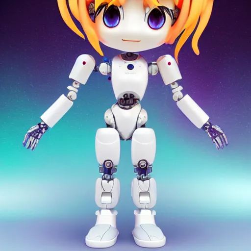 Image similar to cute chibi pvc figure of a robot girl, shiny plastic, energetic, anime, vray