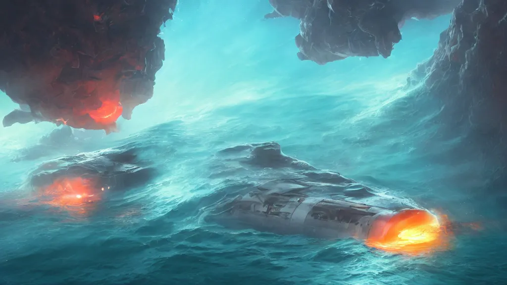 Prompt: in the depths of the ocean a submarine observe a crack who begin to erupt incandescent magma, dramatic lighting, dynamic lighting, cinematic lighting, by makoto makoto, krenz cushart and artgerm, anime, featured on artstation, ultrawide angle