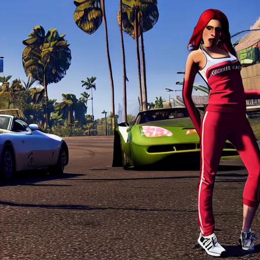 Image similar to A GTA 5 game loading screen featuring A Pterodactyl, La Llorona, a redhead Waifu, CHAPPIE in an Adidas track suit, and a TVR Sagaris