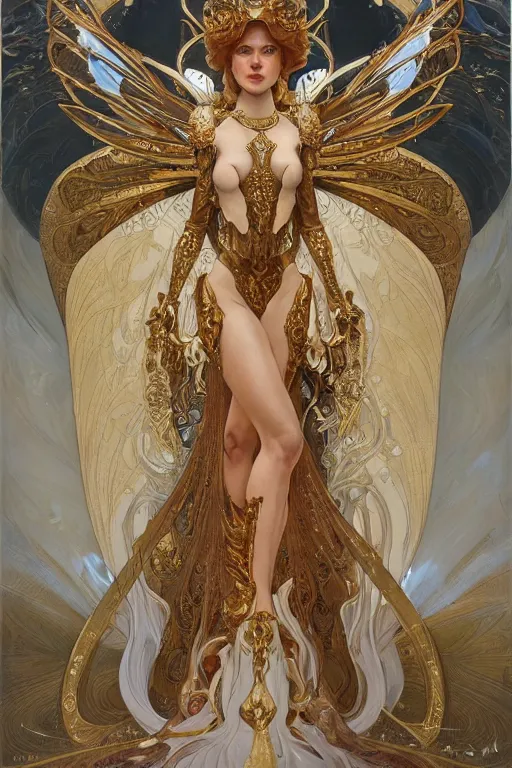 Prompt: full body portrait of a queen wearing white armor with ornate bronze and gold, white gossamer wings, art nouveau, profile, 4K, character concept art, oil painting, trending in artstation, cgsociety, by nekro, Alphonse Mucha, Brom, Artgerm