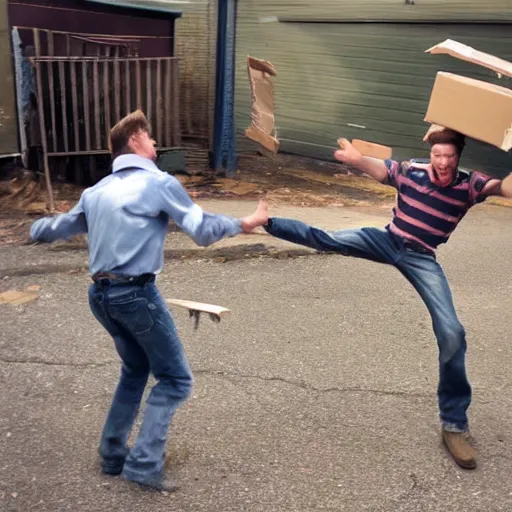 Prompt: hillbilly kicking cardboard boxman