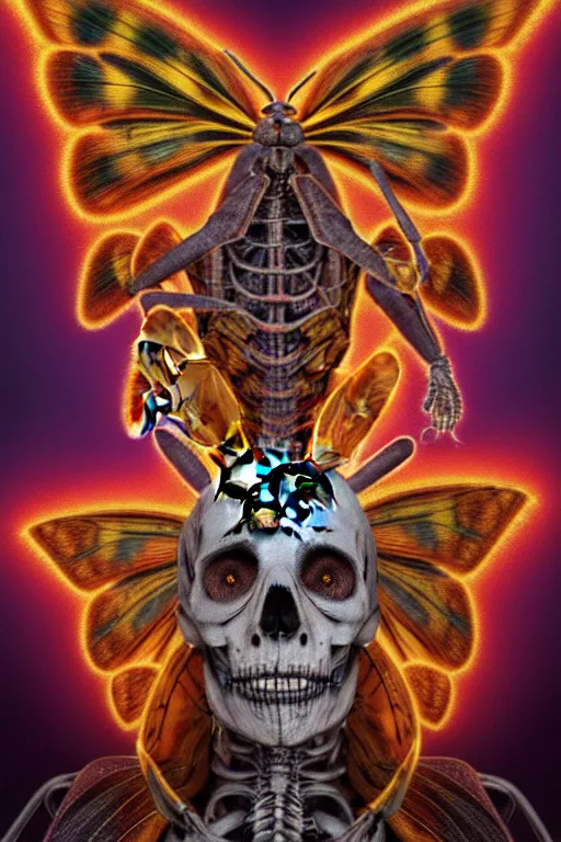 Image similar to a portrait of a skelton with moth wings, highly detailed, digital photo, hdri, by christopher bretz and john carpenter, vivid colors, high contrast, 8 k resolution, intricate, photorealistic, smooth, psychedelic color scheme, concept art, award winning, cg society contest winner