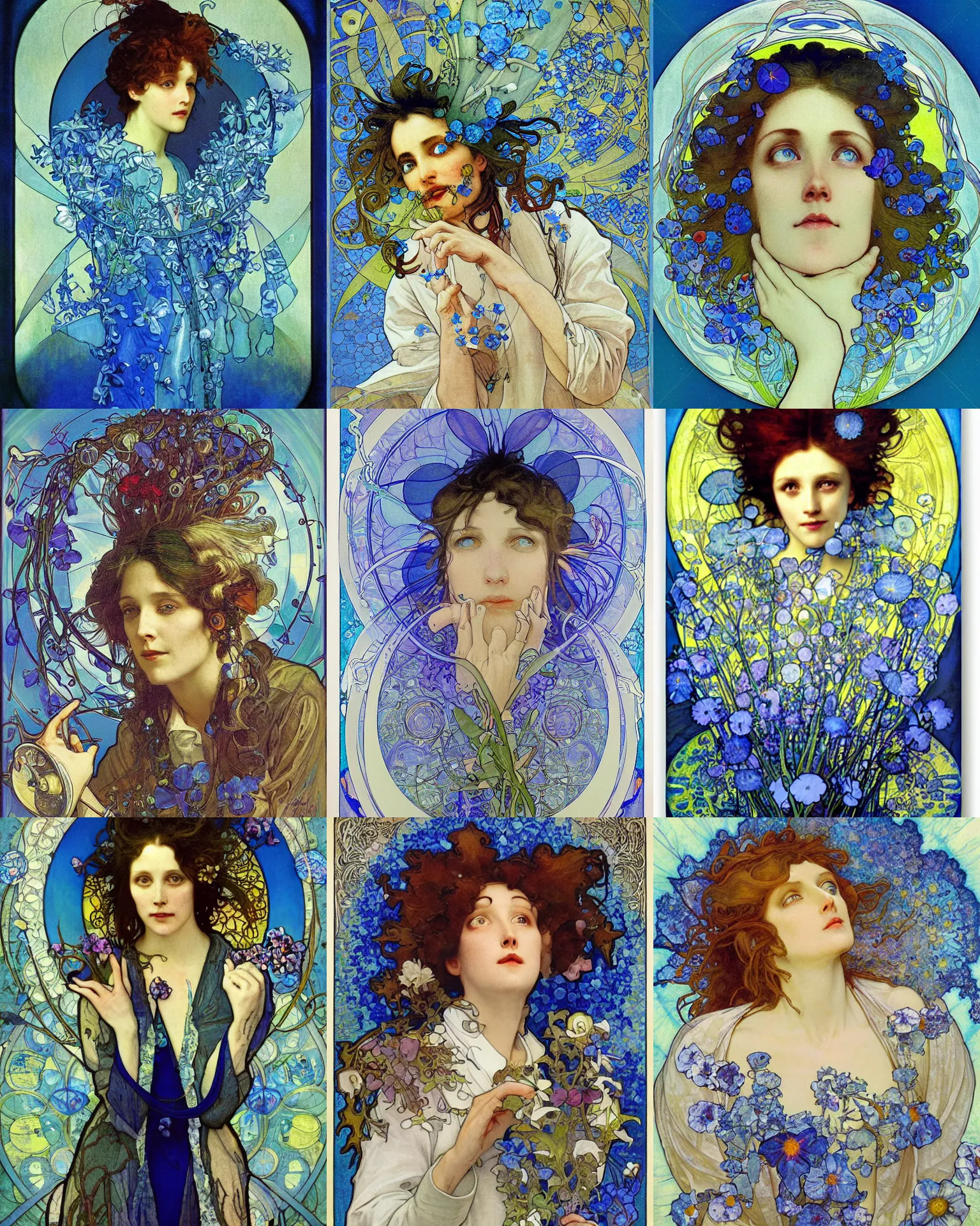 Prompt: portrait of a mad scientist, blue - petals, summer sky, painting by alphonese mucha