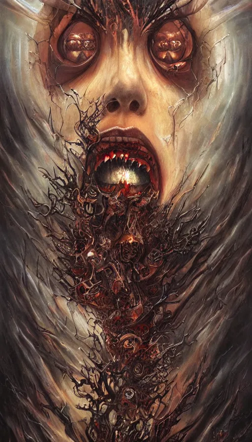 Image similar to a storm vortex made of many demonic eyes and teeth, by karol bak