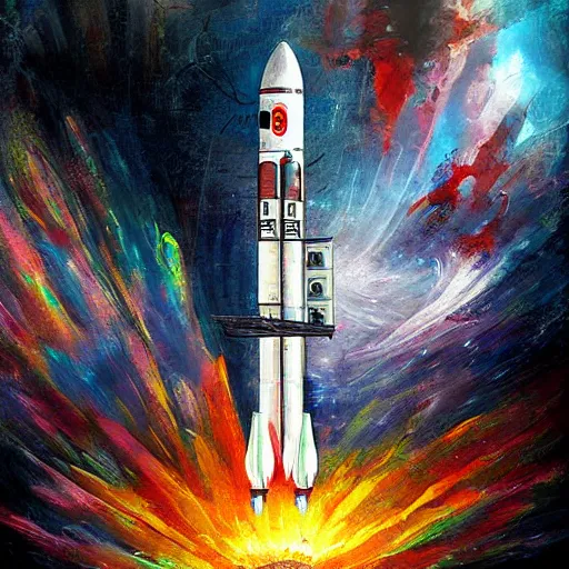 Prompt: the last space launch. apocalyptic. cyberpunk. rocket. painting. digital art. high quality. high fidelity.