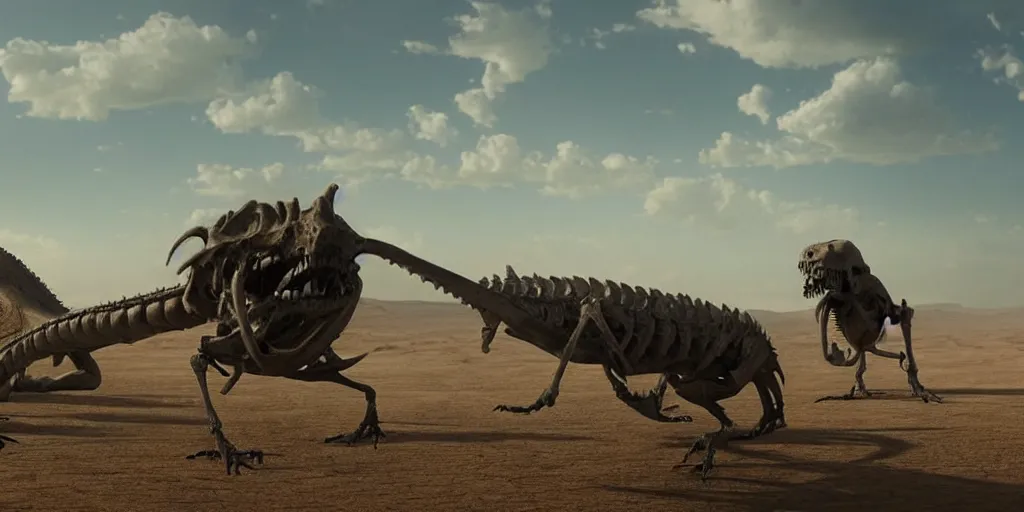 Image similar to screenshot from a movie, epic matte painting of a giant reptile skeleton in a sandy desert with scientists in the foregroud for scale, cinematic cinematography masterpiece, greg rutkowski, and ivan aivazovski, roger deakins