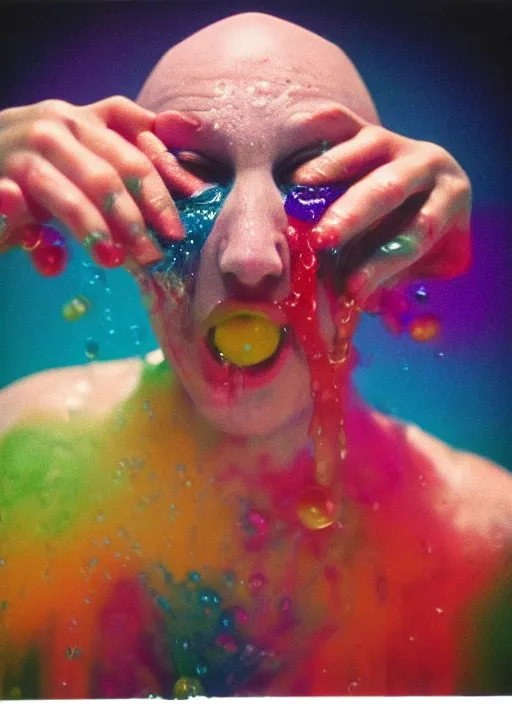 Prompt: detailed color analog medium format photo made by harmony korine, polaroid closeup photo of weird bald hag getting splashed by colorful water in studio, rim light, shot with a camera flash, high production value, intricate details, hyperrealistic, photorealistic, high definition, award - winning photography, masterpiece