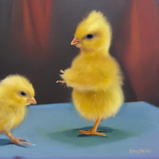 Prompt: a baby chick king, oil in canvas style