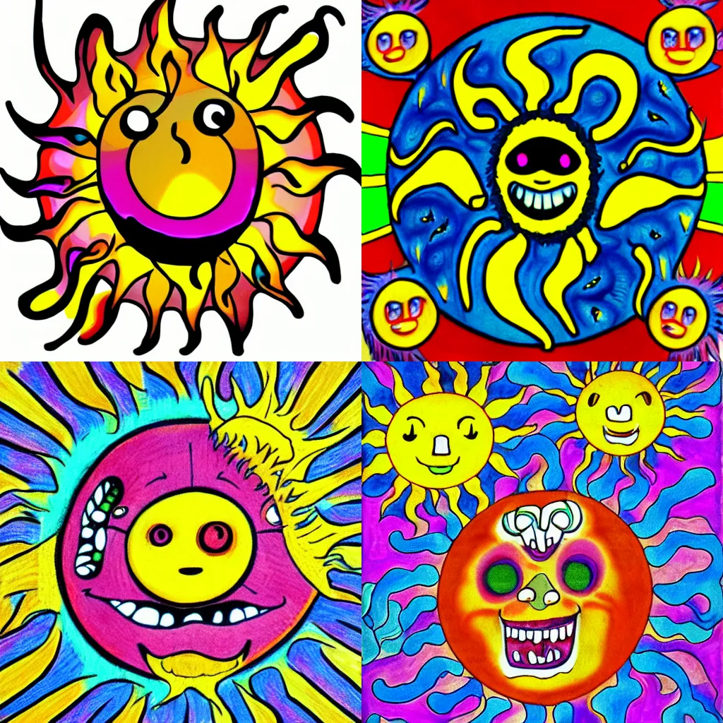 Prompt: laughing sun with bad teeth, trippy, acid, disturbing, crayons