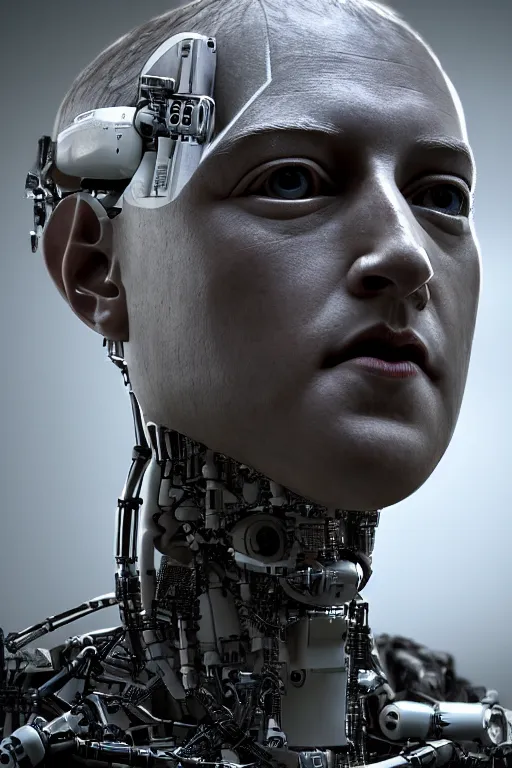 Image similar to mark zuckerberg as a robot, photorealistic, cinematic lighting, highly detailed, very intricate, by hr geiger