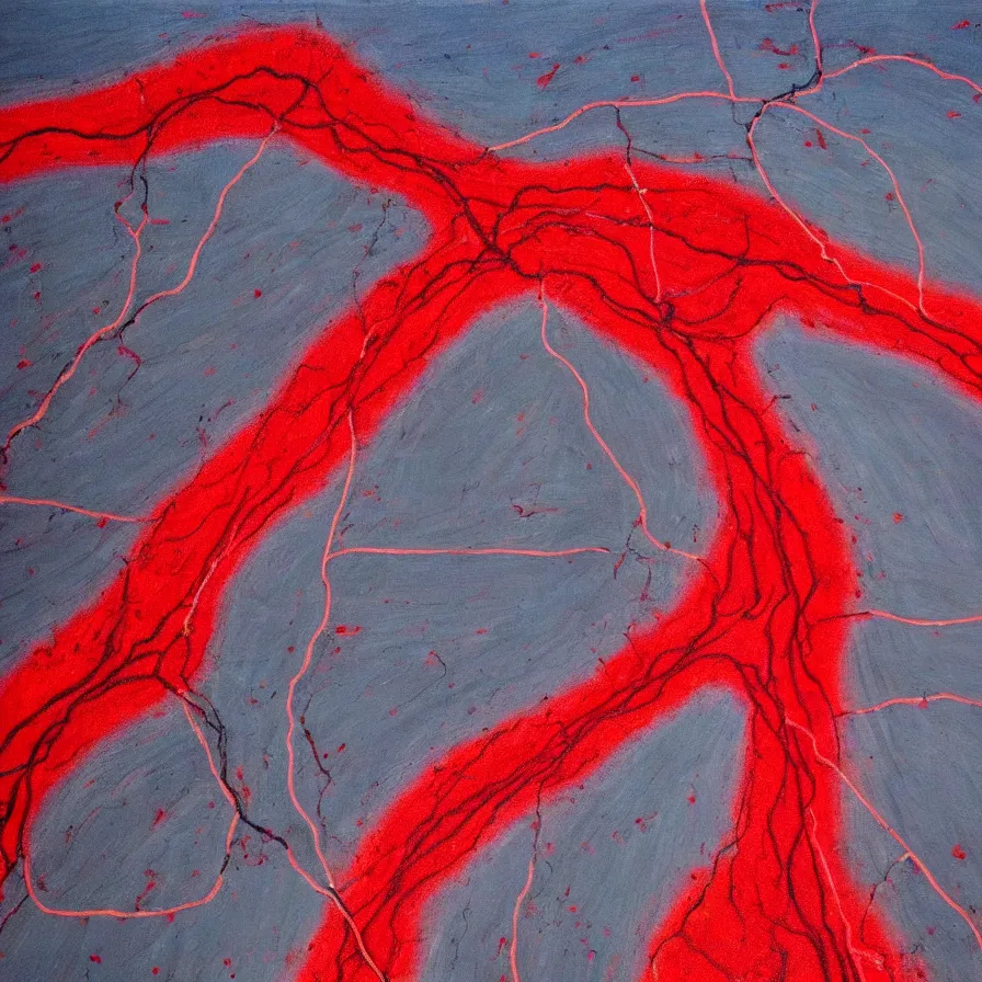 Prompt: painting of highway roads that are like blood arteries leading to the heart's core.