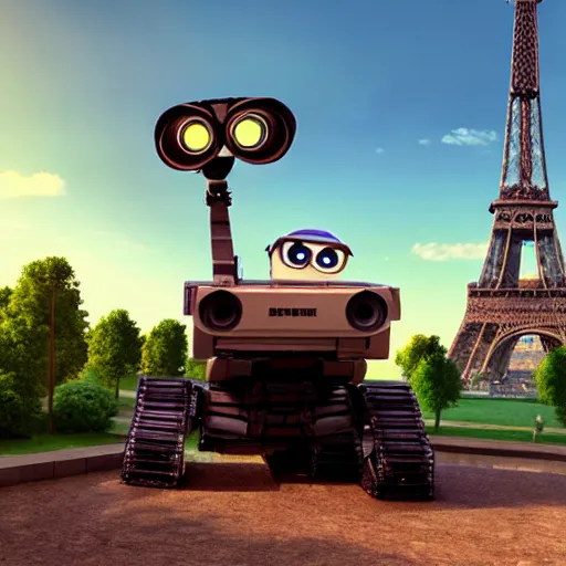 Image similar to wall - e visiting the eiffel tower, realism, 4 k, rim lighting,